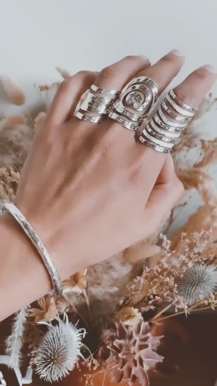 Sterling Silver Cutout Lines Long Shield Ring