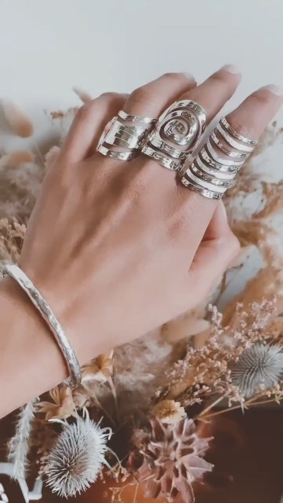 Sterling Silver Cutout Lines Long Shield Ring