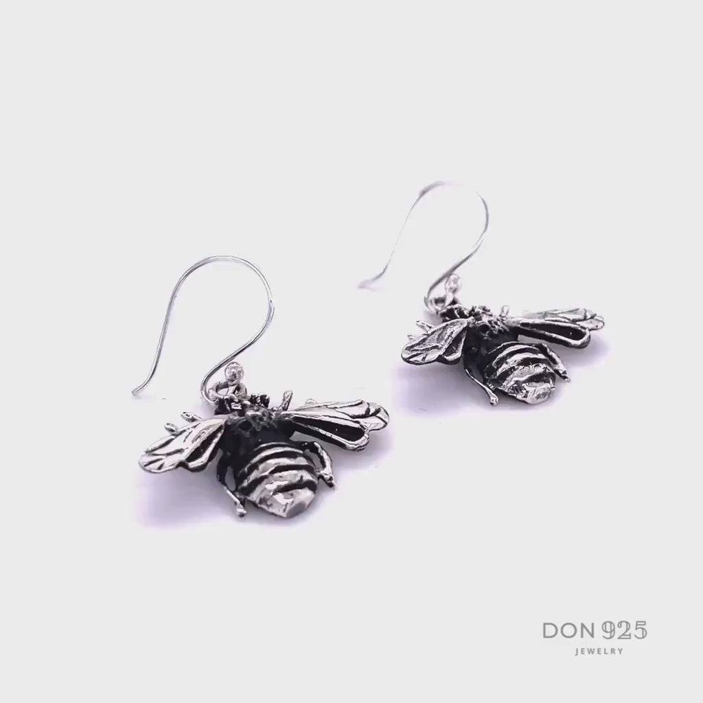 Sterling Silver Bee Dangle Earrings: Rustic Insect Jewelry