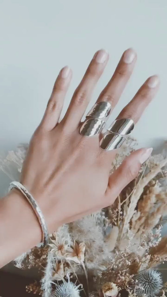 Sterling Silver Long Wrap Shield Ring: Adjustable Chunky Statement Ring