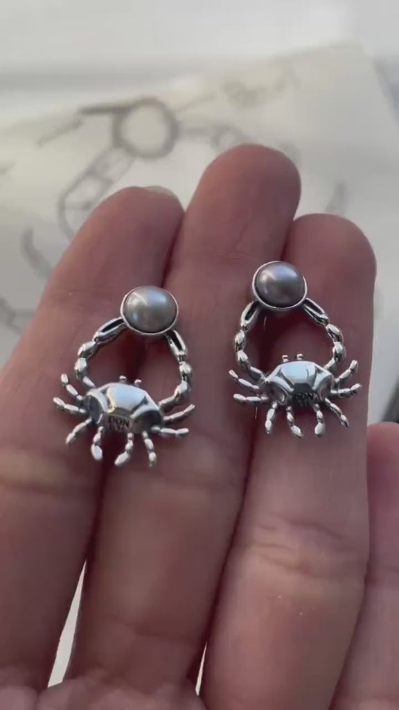 Pearl and Sterling Silver Crab Stud Earrings