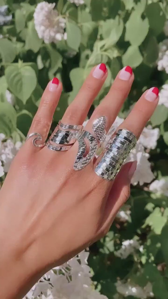 Sterling Silver Disco Ball V-Shape Ring