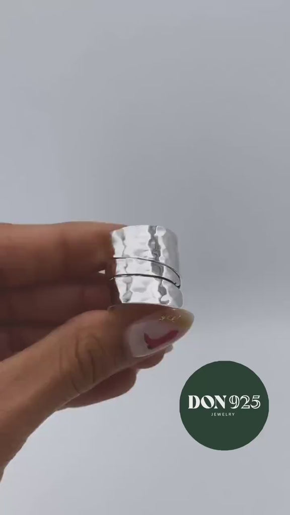 Wide Sterling Silver Wrap Ring: Adjustable Hammered Band