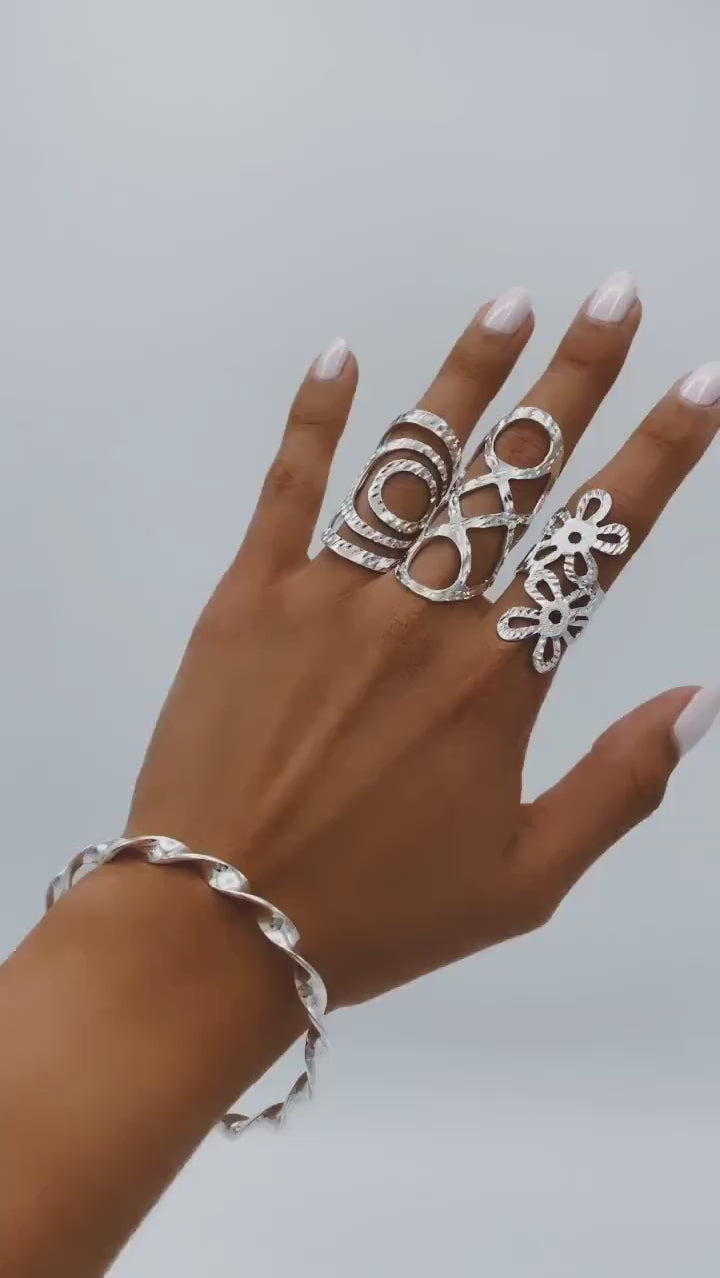Sterling Silver Long Flower Ring: Shiny Disco-Ball Style