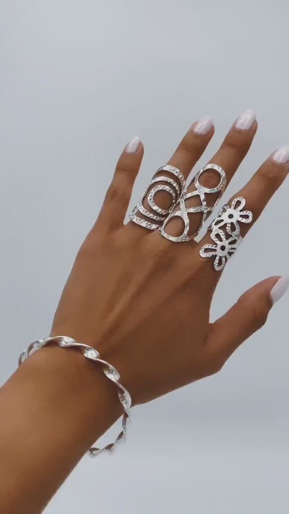 Sterling Silver Long Flower Ring: Shiny Disco-Ball Style